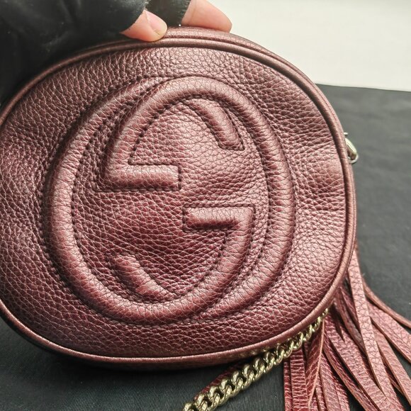 Gucci #R Metallic Burgundy Leather Mini Soho Disco Chain Crossbody Bag - Picture 3 of 10